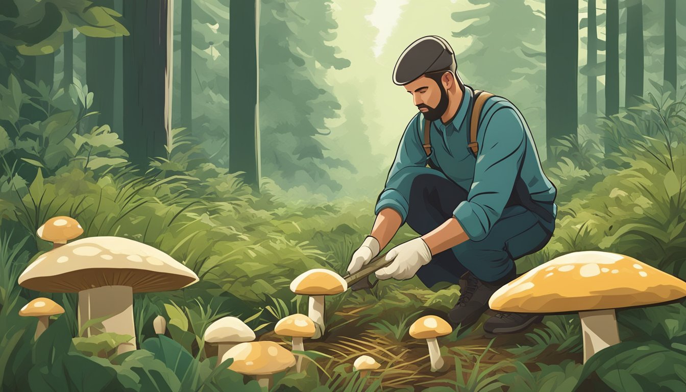 A person wearing gloves carefully harvests straw mushrooms in a lush forest clearing, while other mushrooms are visible in the background