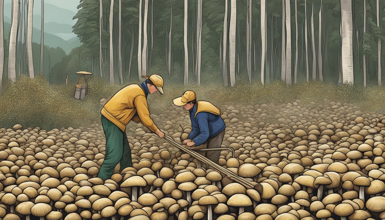 Straw mushrooms being harvested from a mushroom production system