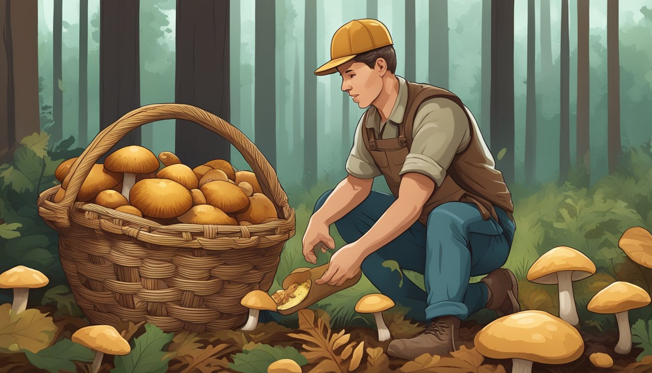 A king bolete mushroom being carefully harvested and placed in a woven basket among the forest floor litter