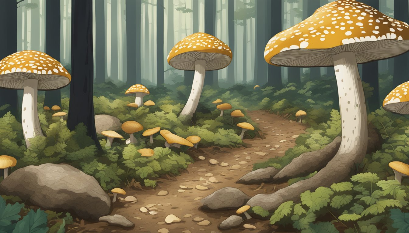 A forest floor scattered with matsutake mushrooms, surrounded by signs indicating regulatory and security measures