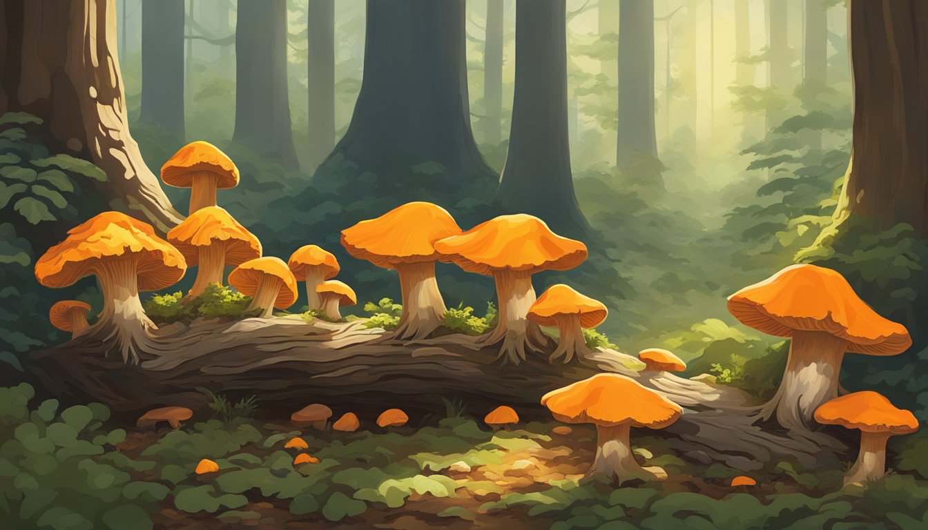 A lush forest floor with vibrant orange chicken of the woods mushrooms growing on the base of a decaying tree trunk. Sunlight filters through the canopy above, casting dappled shadows on the forest floor