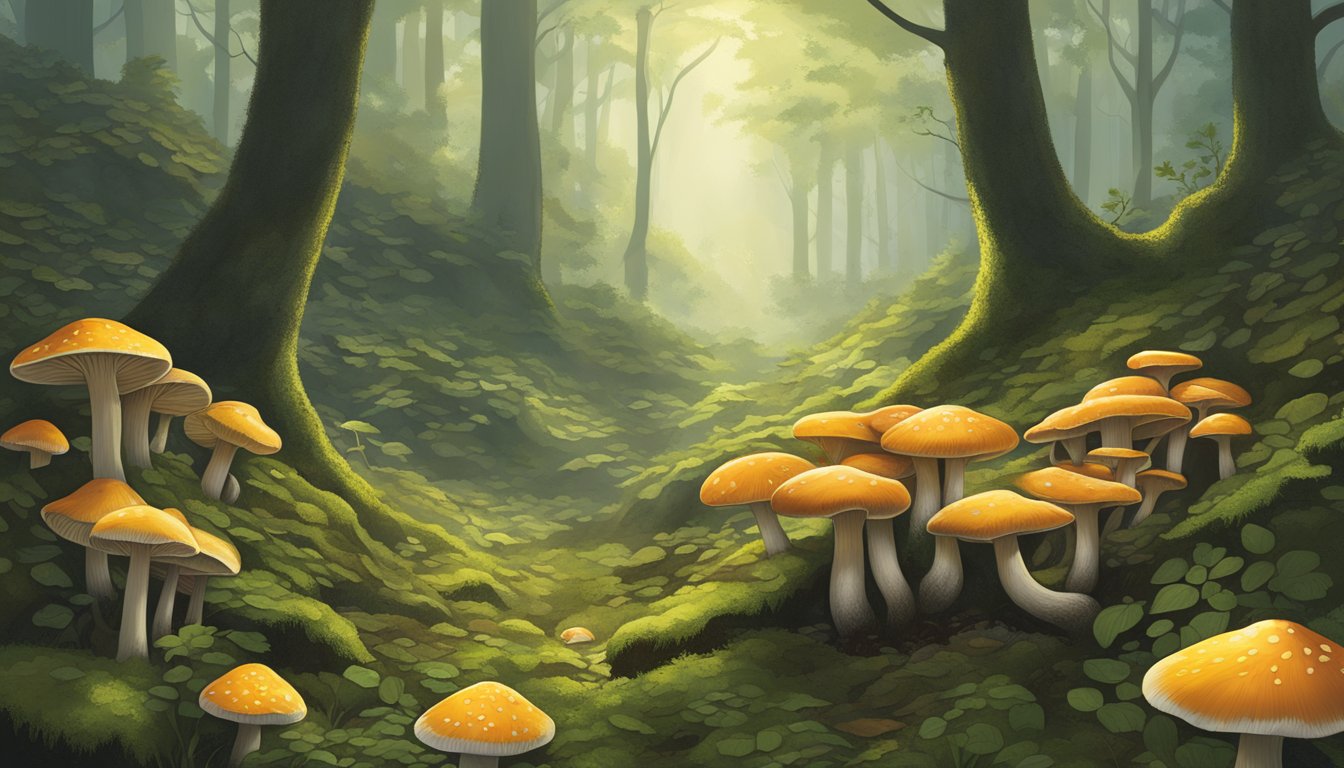 Sunlight filters through the dense forest canopy onto a bed of damp, decaying leaves. A cluster of beefsteak mushrooms grows at the base of a moss-covered tree, ready for ethical foraging