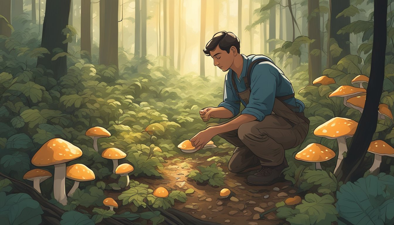 Sunlight filters through dense forest canopy onto a forest floor. A figure kneels, carefully harvesting beefsteak mushrooms from the damp earth