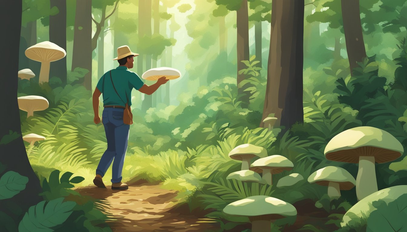 A person gathering beefsteak mushrooms in a lush, green forest clearing, surrounded by tall trees and dappled sunlight