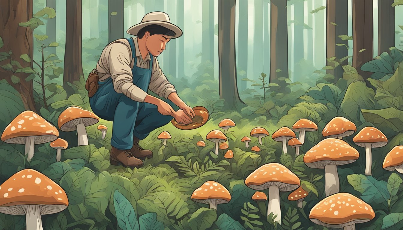 A person carefully picking beefsteak mushrooms in a lush forest clearing