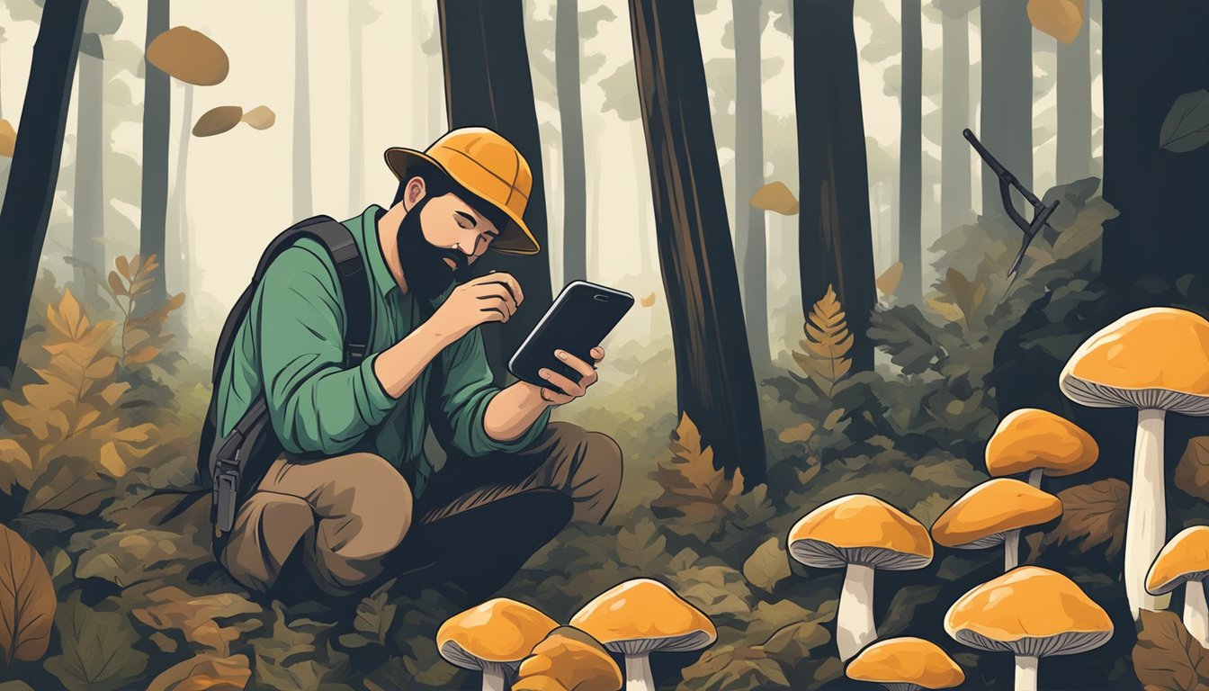 A person uses a smartphone app to identify and locate beefsteak mushrooms in a forest, then carefully harvests them with a small knife and a basket