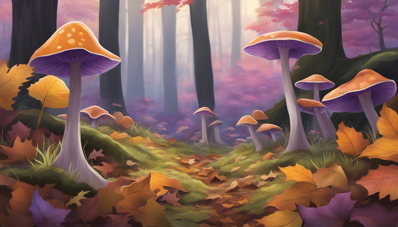 A lush forest floor with colorful autumn leaves and clusters of purple blewits sprouting among the fallen foliage