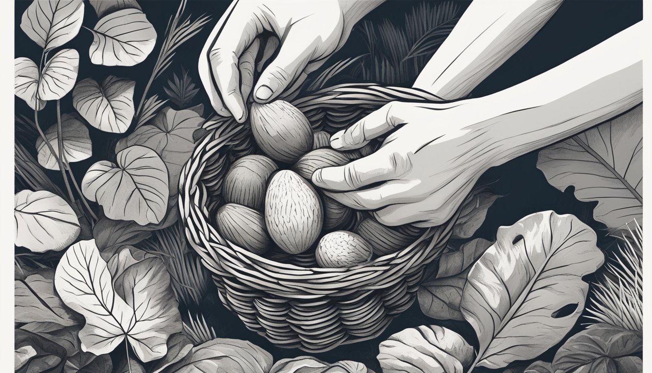 A pair of hands gently plucking ripe blewits from the forest floor, carefully inspecting each one before placing it in a woven basket