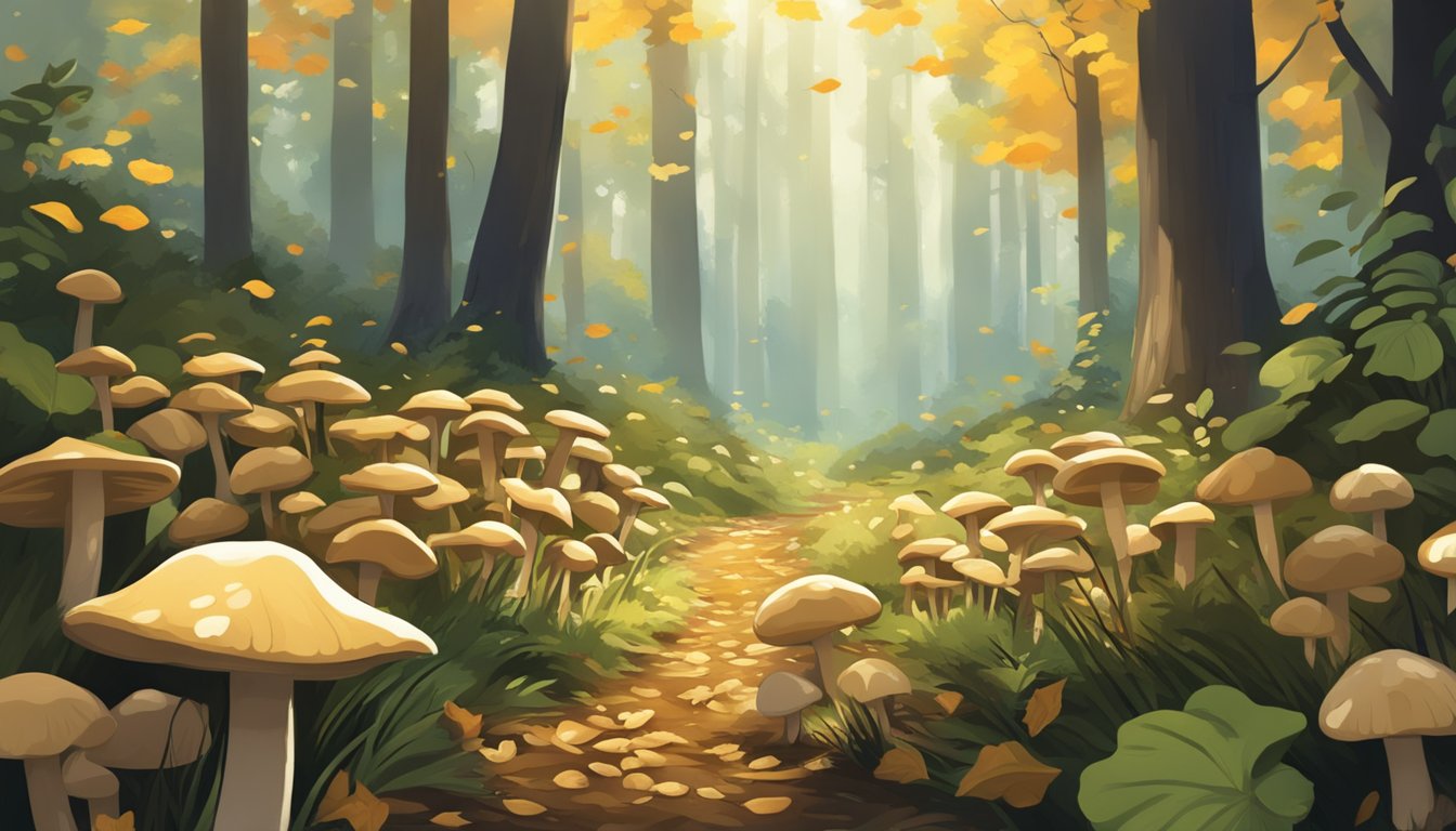 A lush forest floor with scattered clusters of wild blewit mushrooms, surrounded by fallen leaves and dappled sunlight