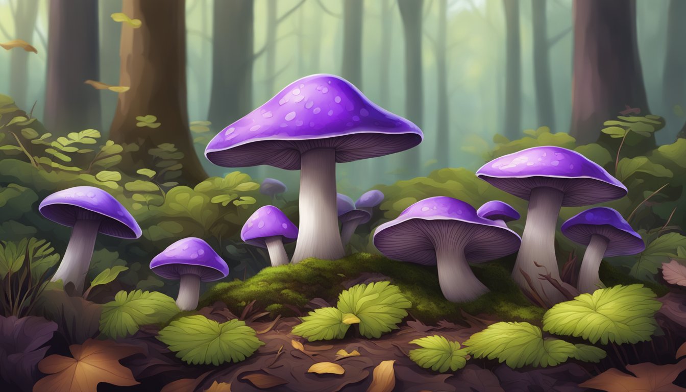 A lush forest floor with vibrant purple blewit mushrooms growing among fallen leaves and moss, showcasing their nutritional value and health benefits