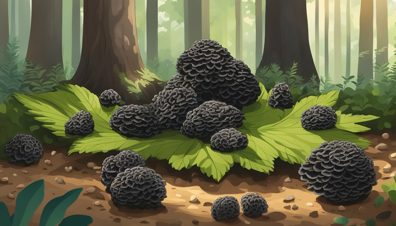 A forest floor with scattered black morels being carefully harvested by a forager, surrounded by lush green vegetation and dappled sunlight