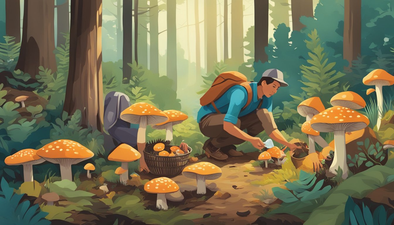 A group of people gather in a forest, picking blewit mushrooms and collecting them in baskets. The vibrant colors of the mushrooms contrast with the earthy tones of the forest floor