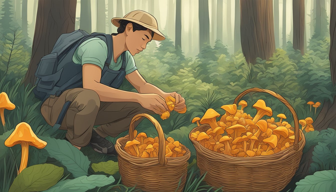 A person forages for golden chanterelle mushrooms in a lush forest, carefully harvesting them and placing them in a woven basket