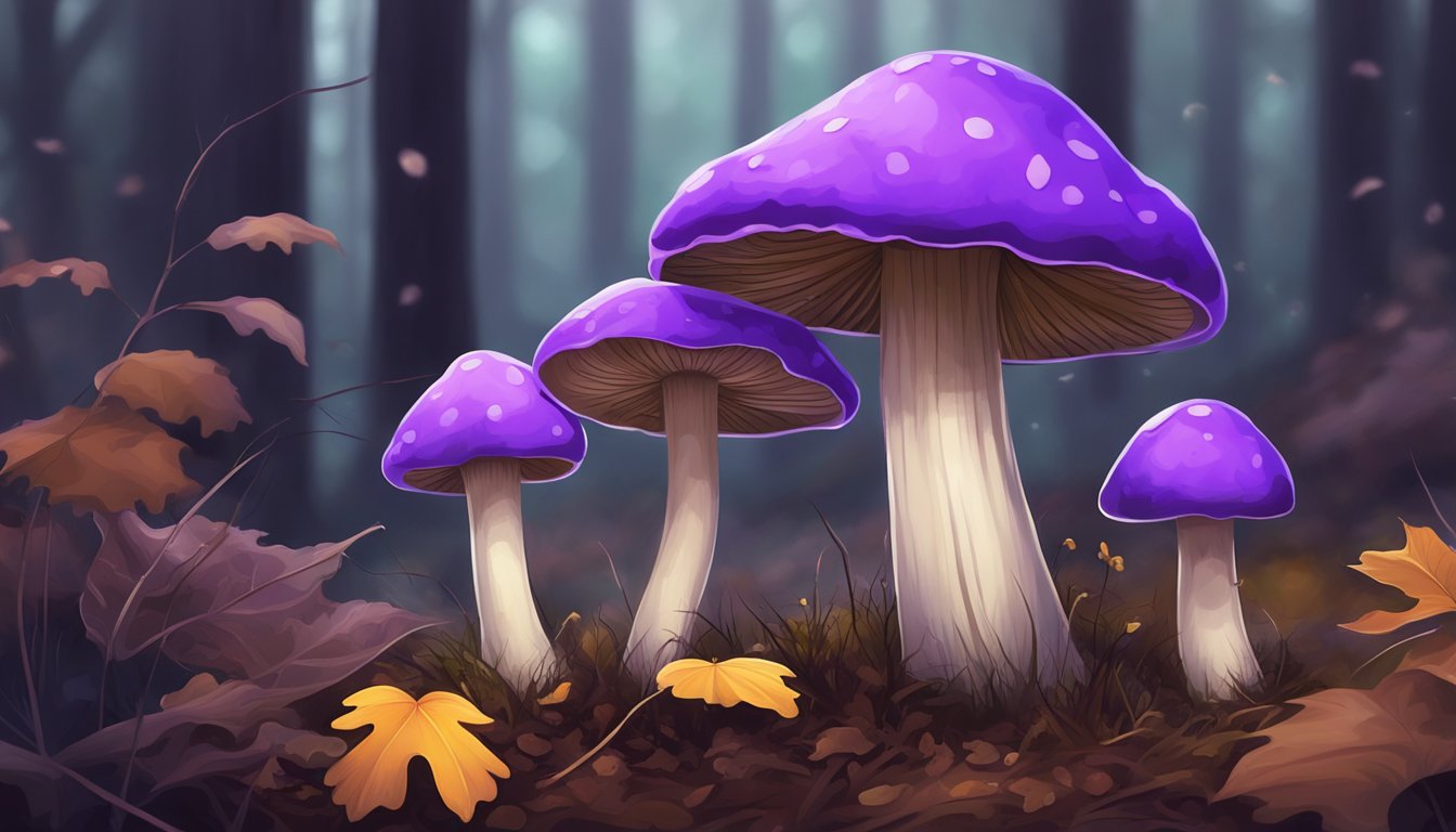 Purple laccaria mushrooms growing in a damp forest clearing, surrounded by fallen leaves and small twigs