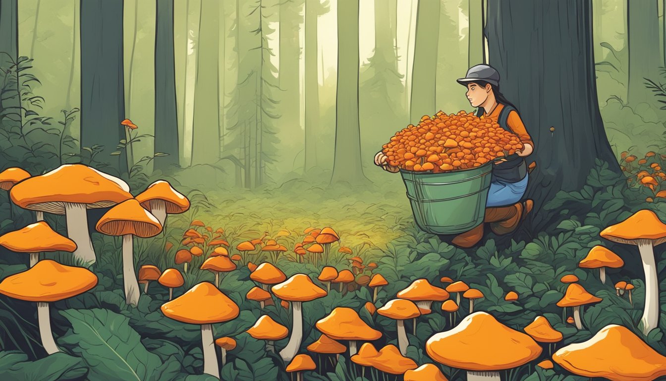 A person forages saffron milk caps in a lush forest, carefully harvesting the vibrant orange mushrooms from the forest floor