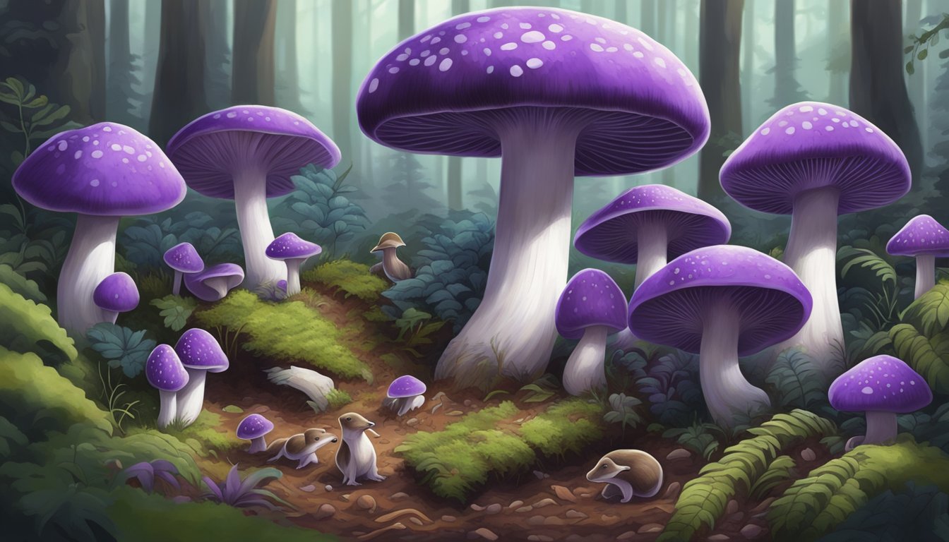 Purple laccaria mushrooms being carefully harvested from the forest floor, surrounded by diverse plant life and small animals