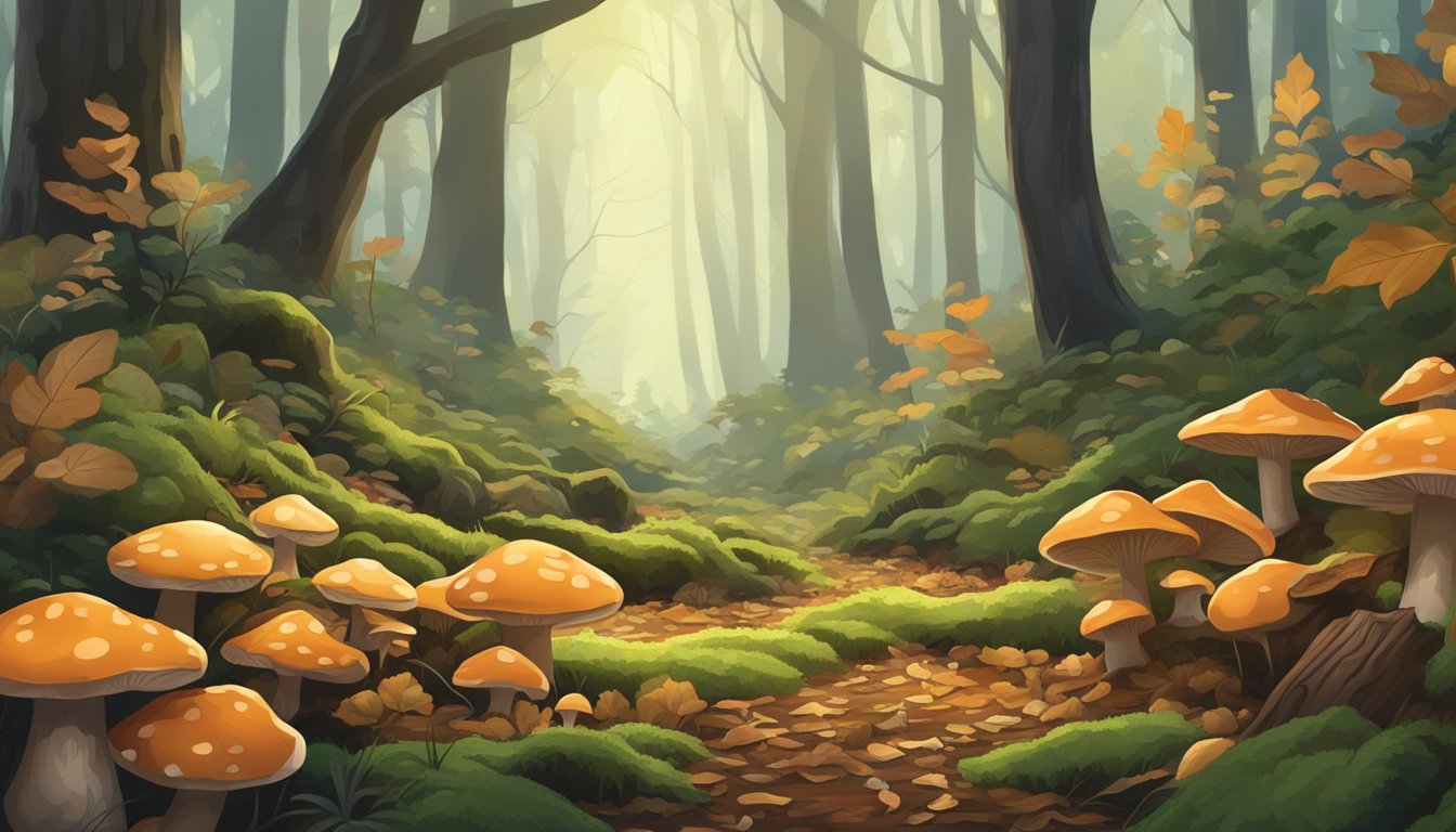 A lush forest floor with clusters of beef of the woods mushrooms growing among fallen leaves and moss-covered logs