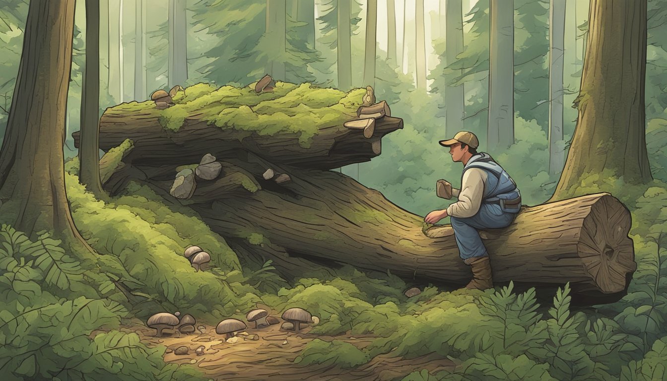 A figure collecting beef of the woods mushrooms from a fallen tree in a lush forest