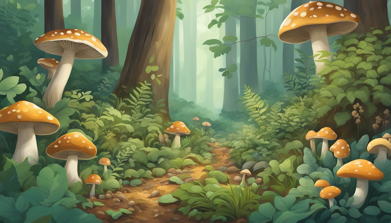 A lush forest floor with mushrooms being carefully harvested by foragers, surrounded by diverse plant life and wildlife