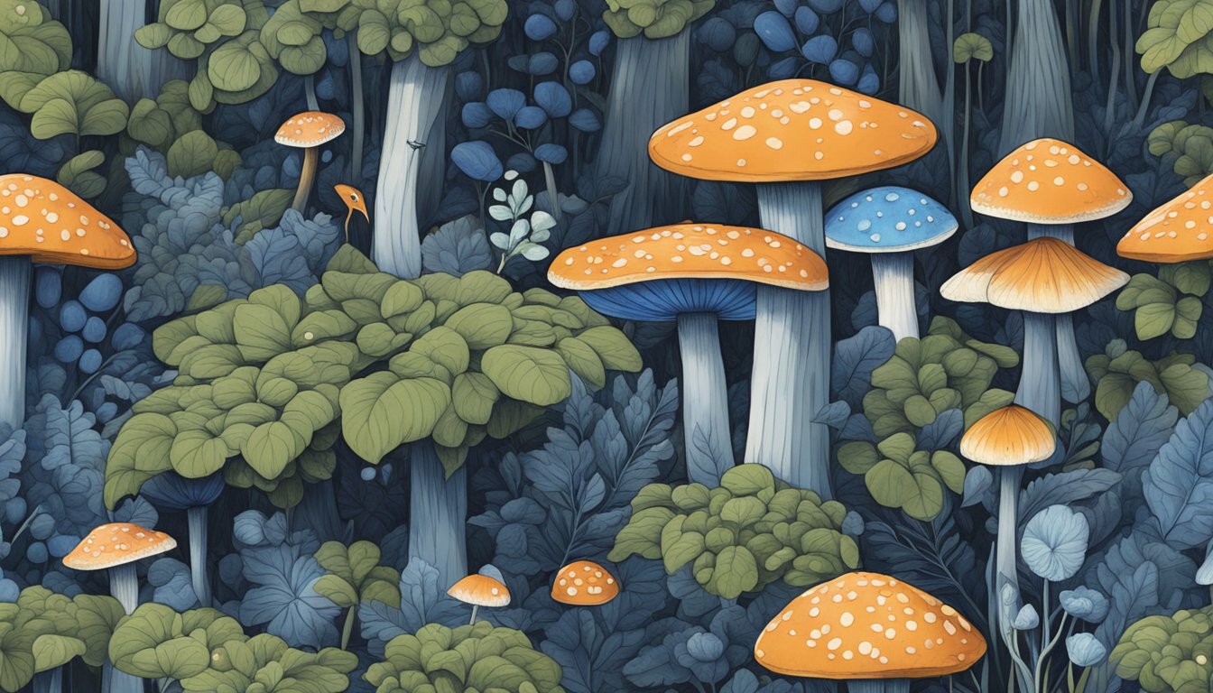 A forest floor with indigo milk caps being foraged by small creatures