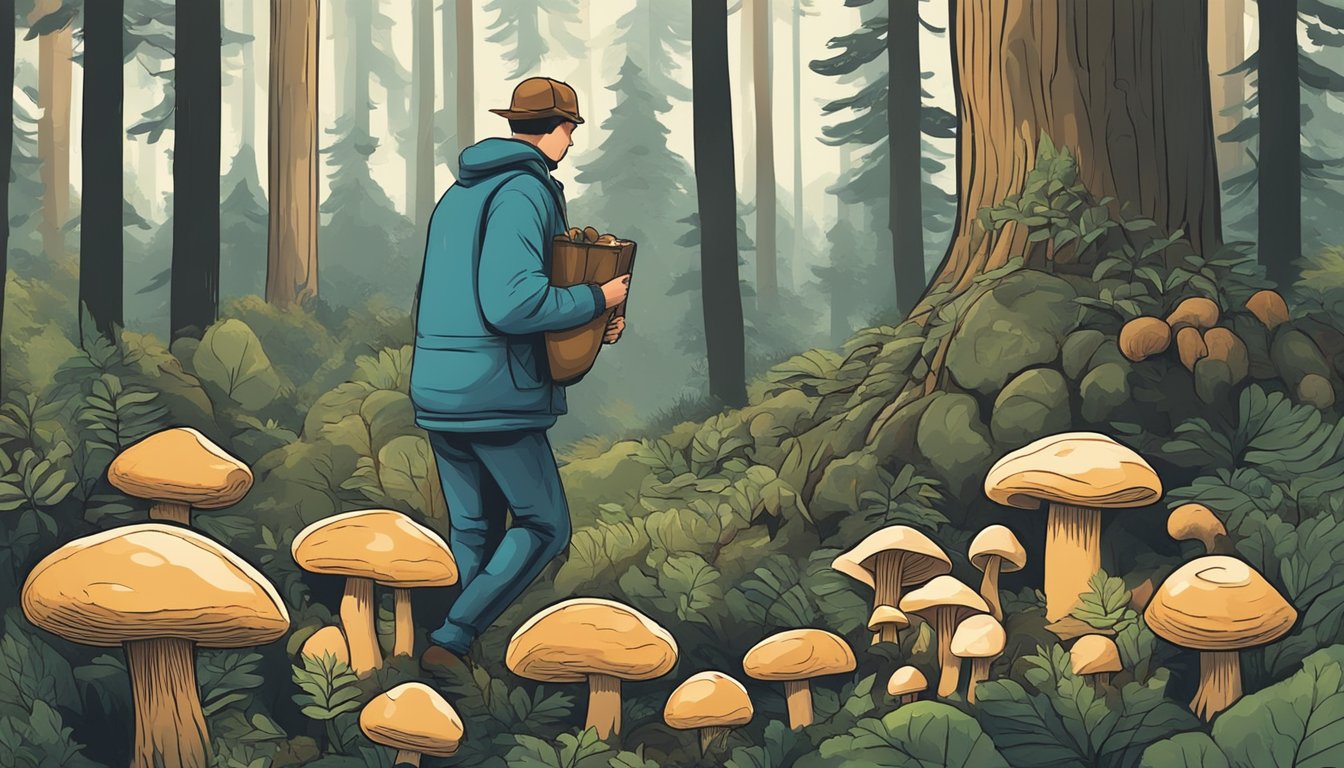 A person gathering beef of the woods mushrooms in a forest, mindful of ethical and legal considerations