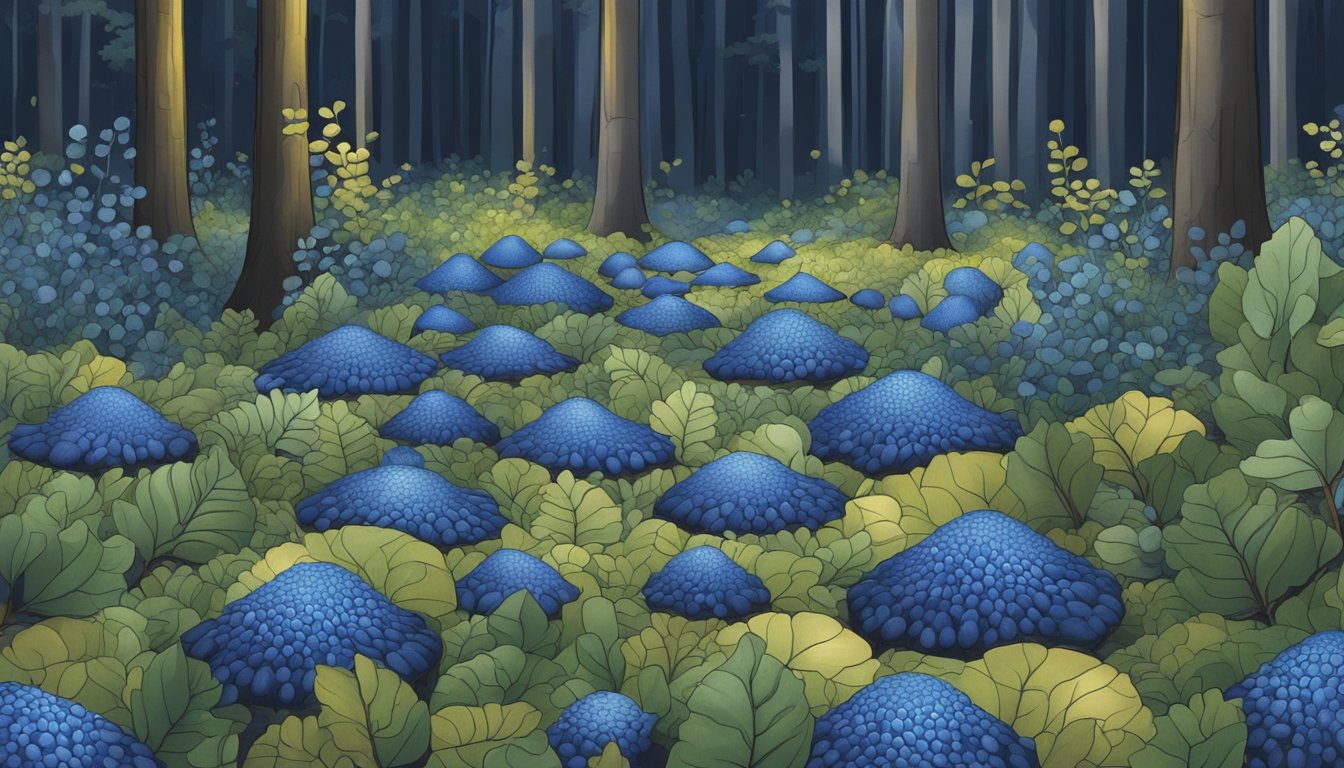 A forest floor with scattered indigo milk caps being carefully harvested