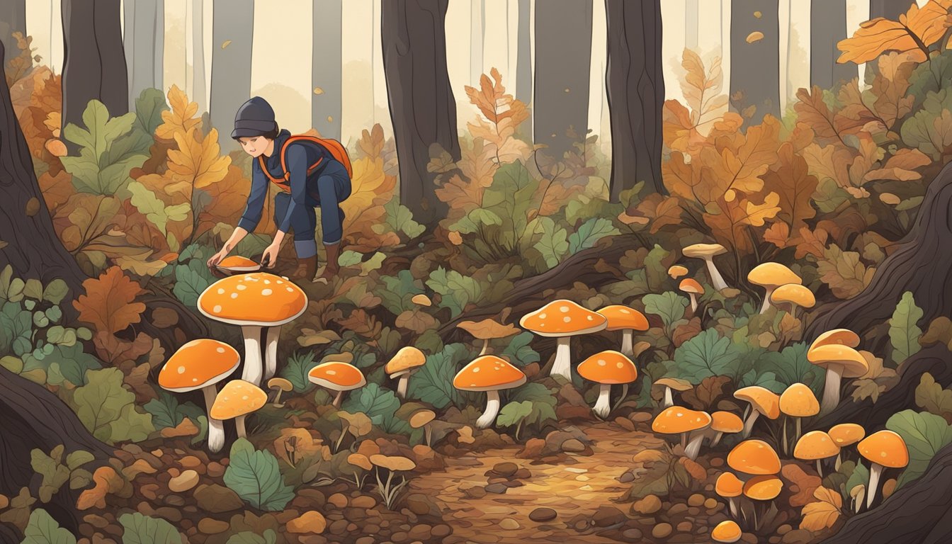 A forest floor with various types of mushrooms growing among fallen leaves and branches, with a person carefully harvesting reishi mushrooms