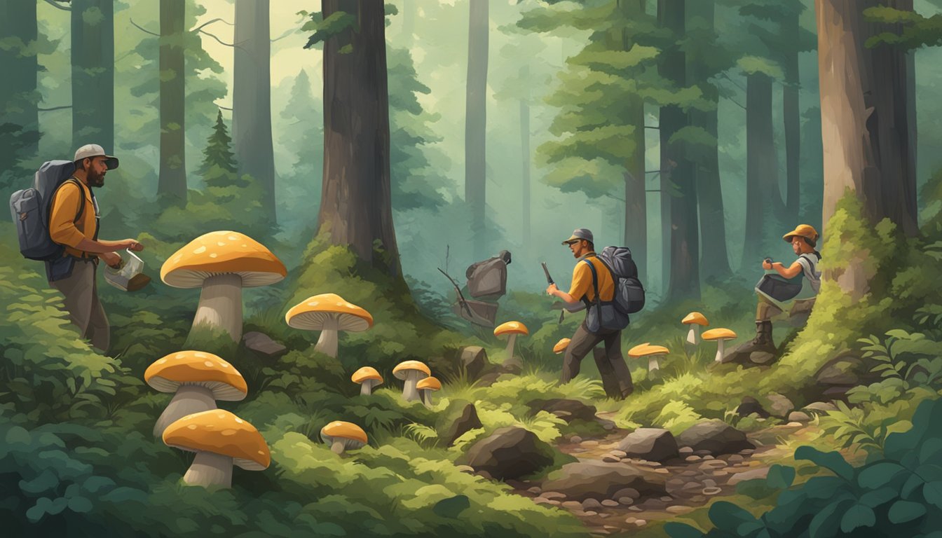 Mushroom hunters gathering beef of the woods in a lush forest clearing, surrounded by trees and foliage