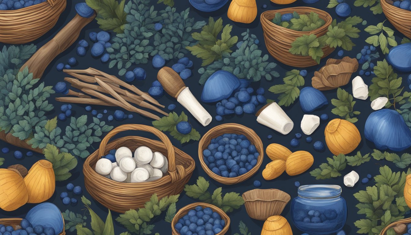 A forest floor scattered with indigo milk caps, surrounded by foraging tools and baskets for harvesting