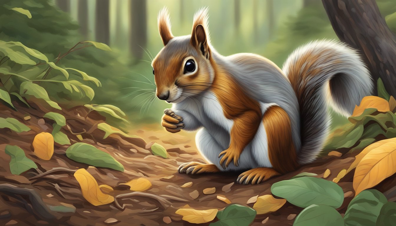 A squirrel using its paws to carefully pluck ripe kaibab slippery jacks from the forest floor