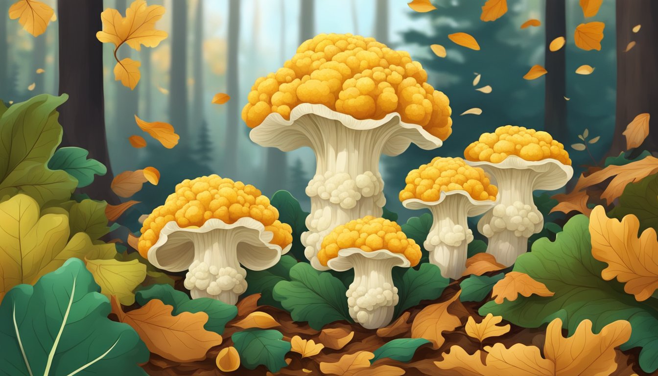 Cauliflower mushrooms growing among fallen leaves in a dense forest