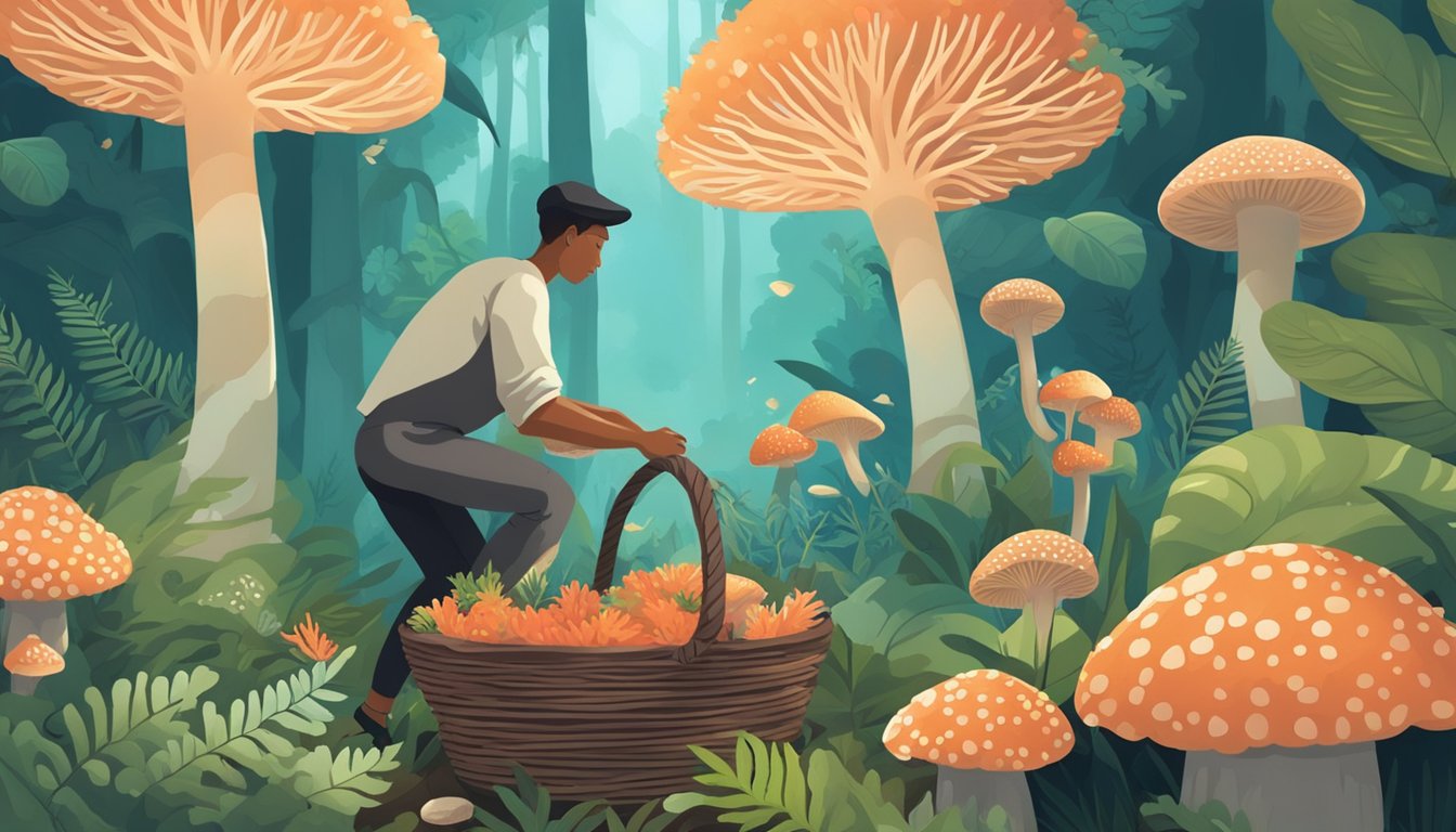 A person gathering coral mushrooms in a lush forest, surrounded by various plants and fungi. The mushrooms are being carefully plucked and placed in a woven basket