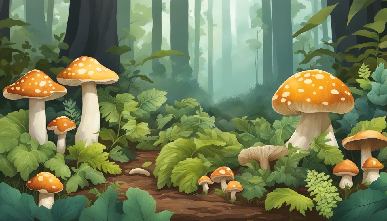 A forest floor with various mushrooms, including cauliflower mushrooms, surrounded by trees and foliage