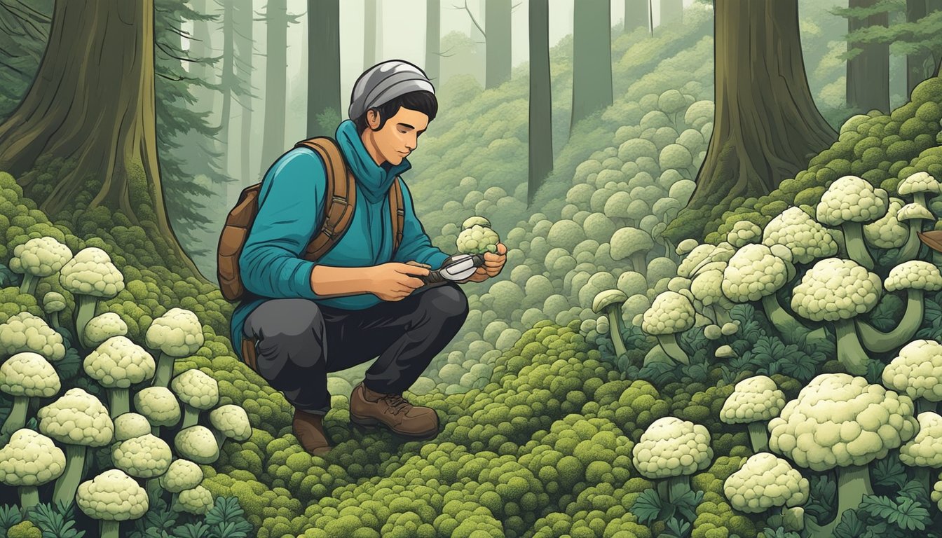 A person comparing cauliflower mushrooms to other varieties while foraging and harvesting in a dense, moss-covered forest