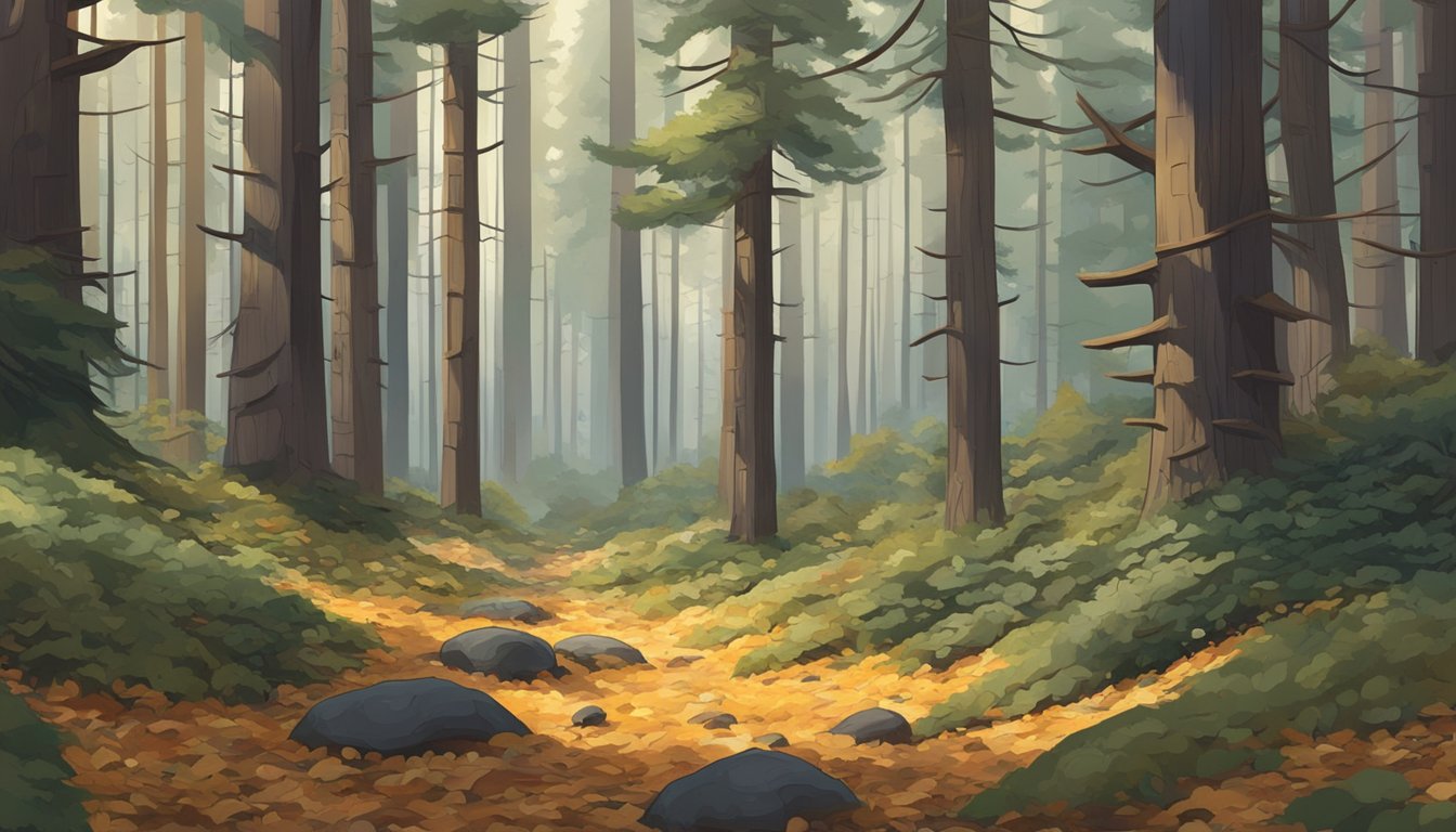 A dense forest of tall pine trees with scattered patches of thick underbrush, the ground covered in fallen leaves and pine needles, with a few kaibab slippery jack mushrooms peeking out from the forest floor