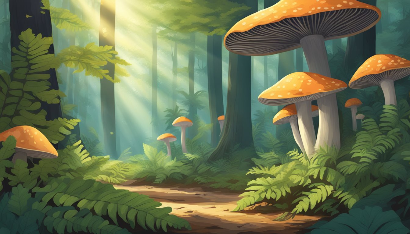 Sunlight filters through dense forest canopy onto a lush forest floor. Coral mushrooms emerge from decaying wood, surrounded by ferns and fallen leaves