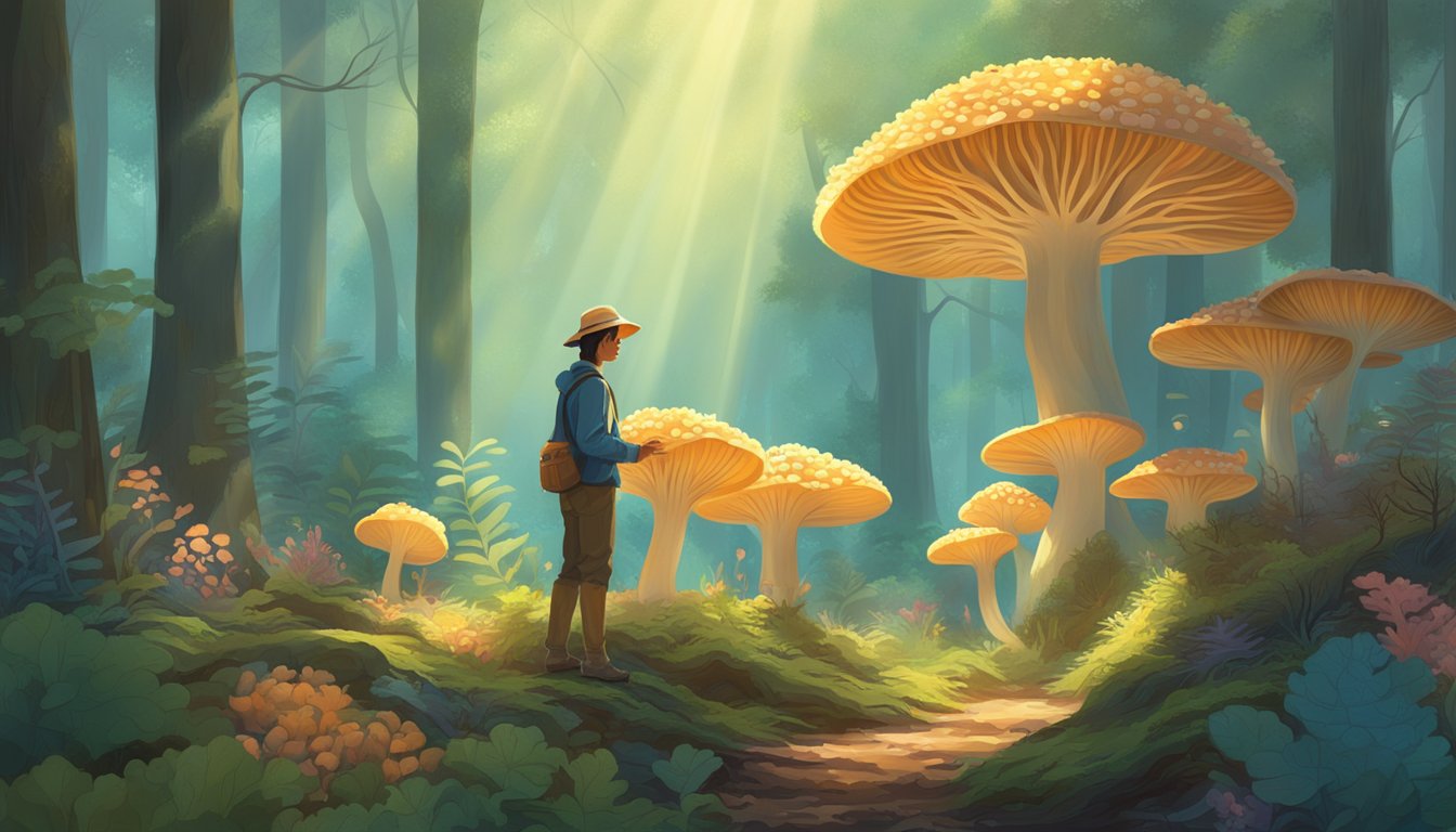 Sunlight filters through dense forest canopy onto coral mushrooms growing on the forest floor. A figure stands nearby, gathering the delicate fungi into a woven basket