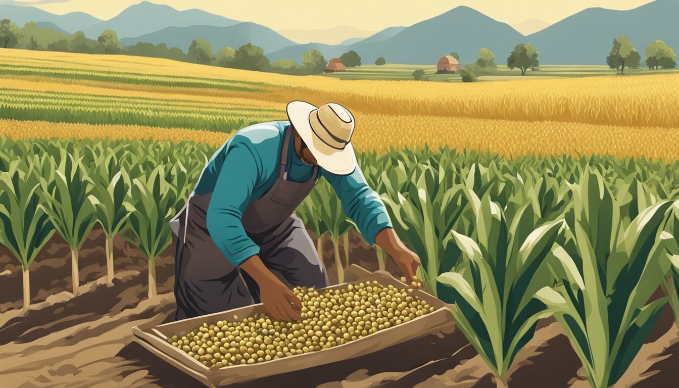 A farmer gathering huitlacoche from a cornfield on a sunny day