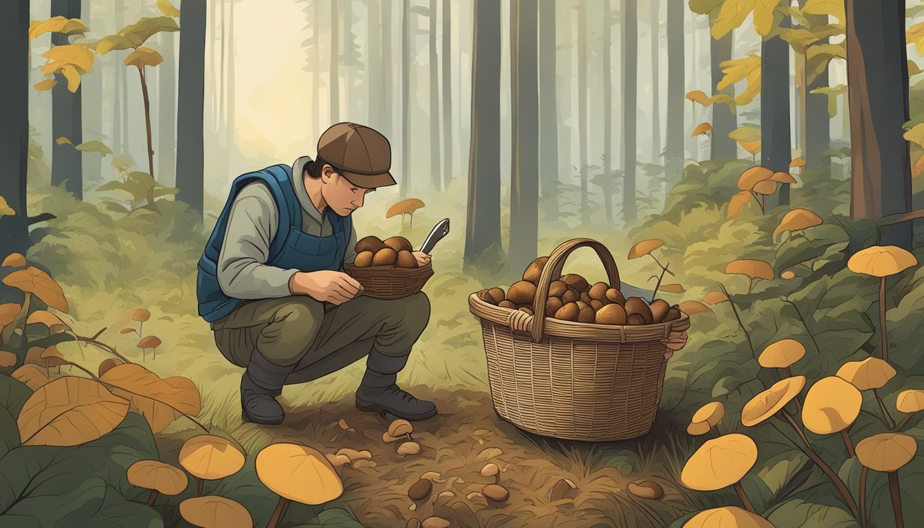 A person gathering chestnut bolete mushrooms in a forest, with a basket and knife nearby