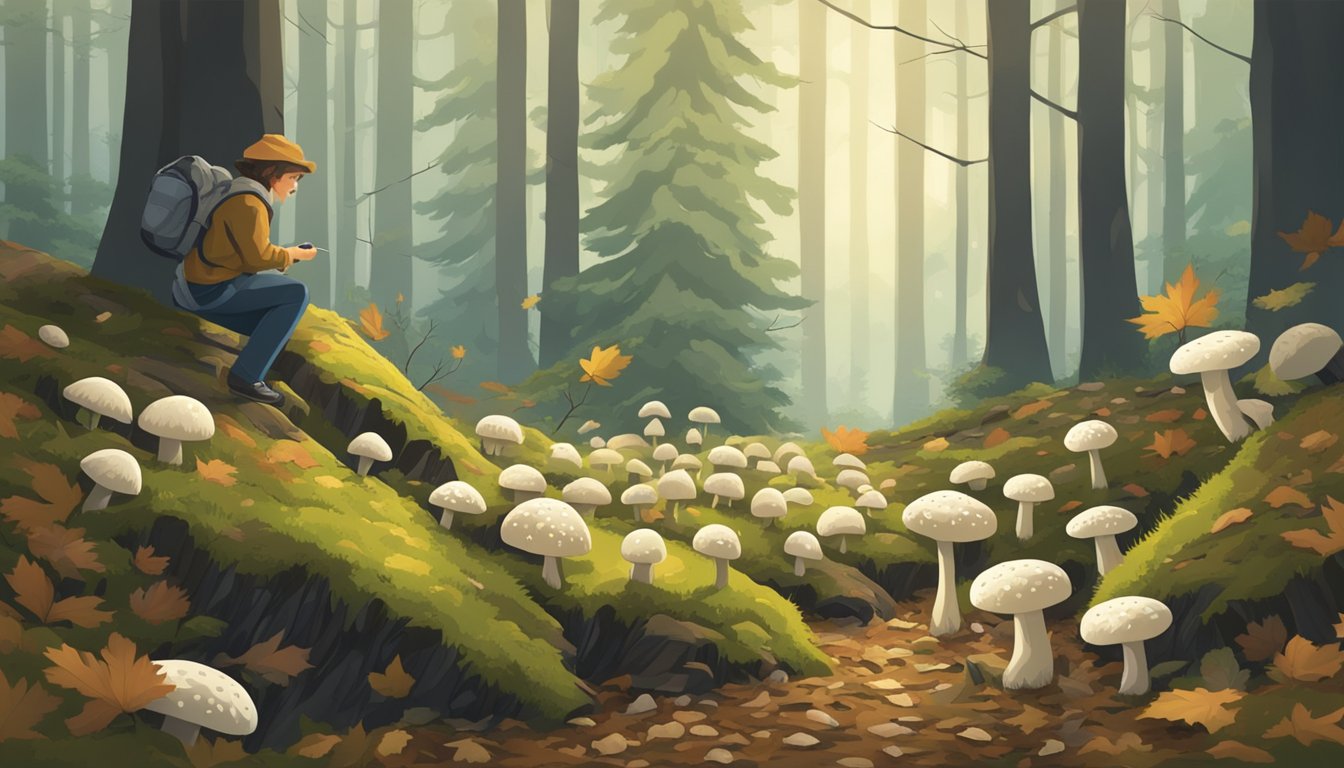 A person forages for shaggy mane mushrooms in a forest clearing, surrounded by fallen leaves and moss-covered logs