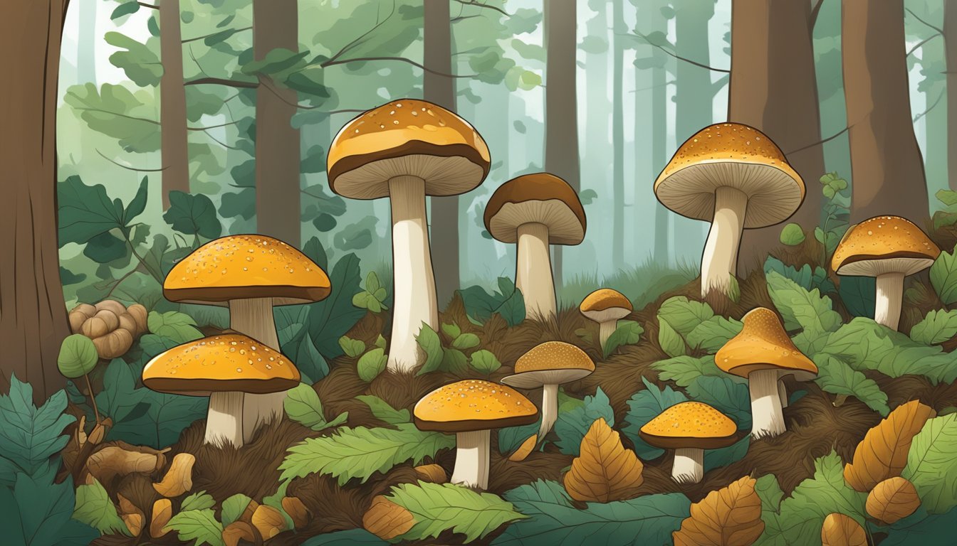 A dense forest floor with various types of chestnut boletes being foraged and harvested by different creatures