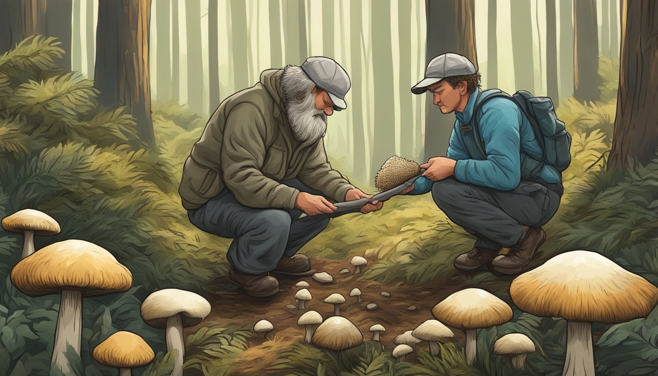 A shaggy mane mushroom being carefully harvested by a researcher in a natural forest setting