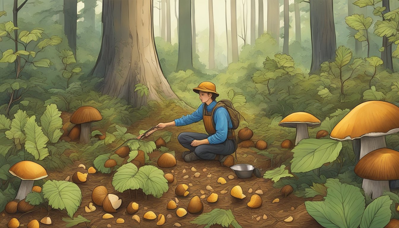 A forest floor with chestnut boletes being carefully harvested by a forager, surrounded by trees and other vegetation