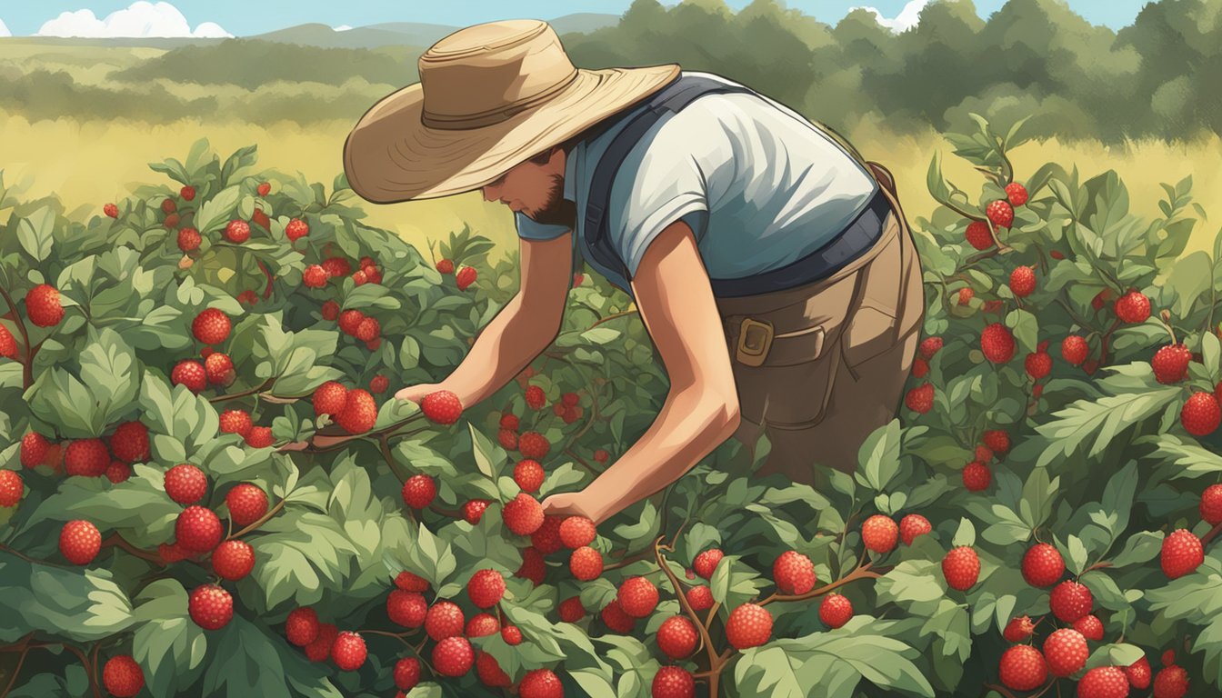 Agarita berries being carefully harvested from thorny bushes in a wild, open field