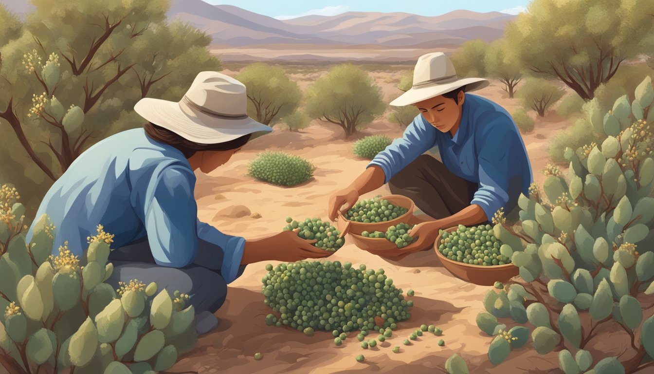 A figure carefully gathers agarita berries from the thorny bushes, surrounded by a landscape of dry earth and scrubby vegetation