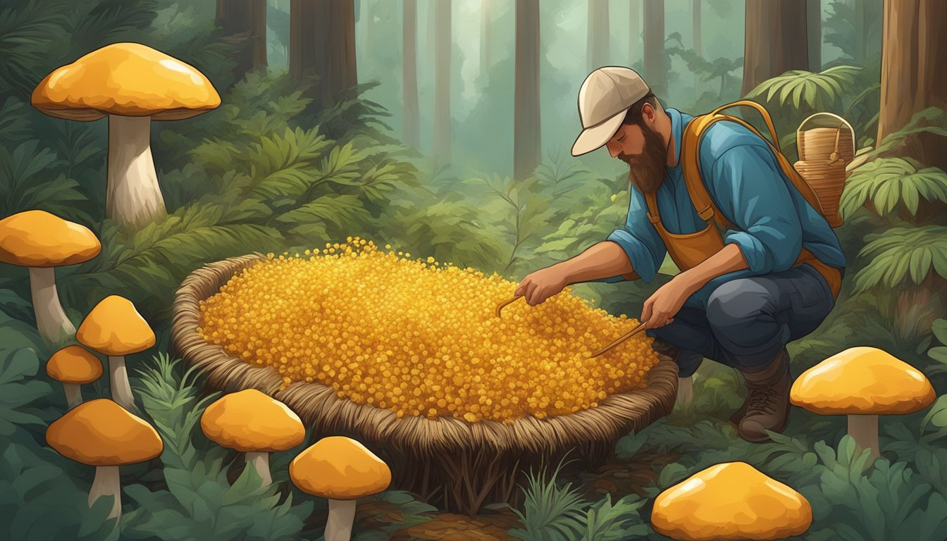 A person forages for honey mushrooms in a lush forest, carefully harvesting them for health and nutrition