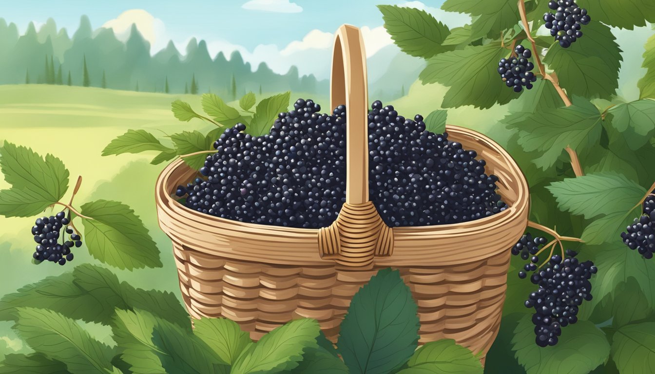 A basket of ripe elderberries being picked from the bush on a sunny day