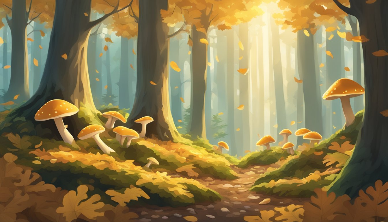 Sunlight filters through the dense forest canopy onto a bed of fallen leaves, where hedgehog mushrooms grow in clusters near the base of a towering oak tree