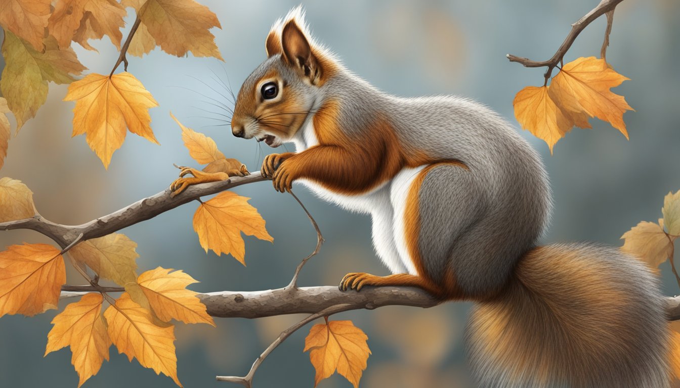 A squirrel perched on a branch, nibbling on American hornbeam seeds, surrounded by fallen leaves and twigs