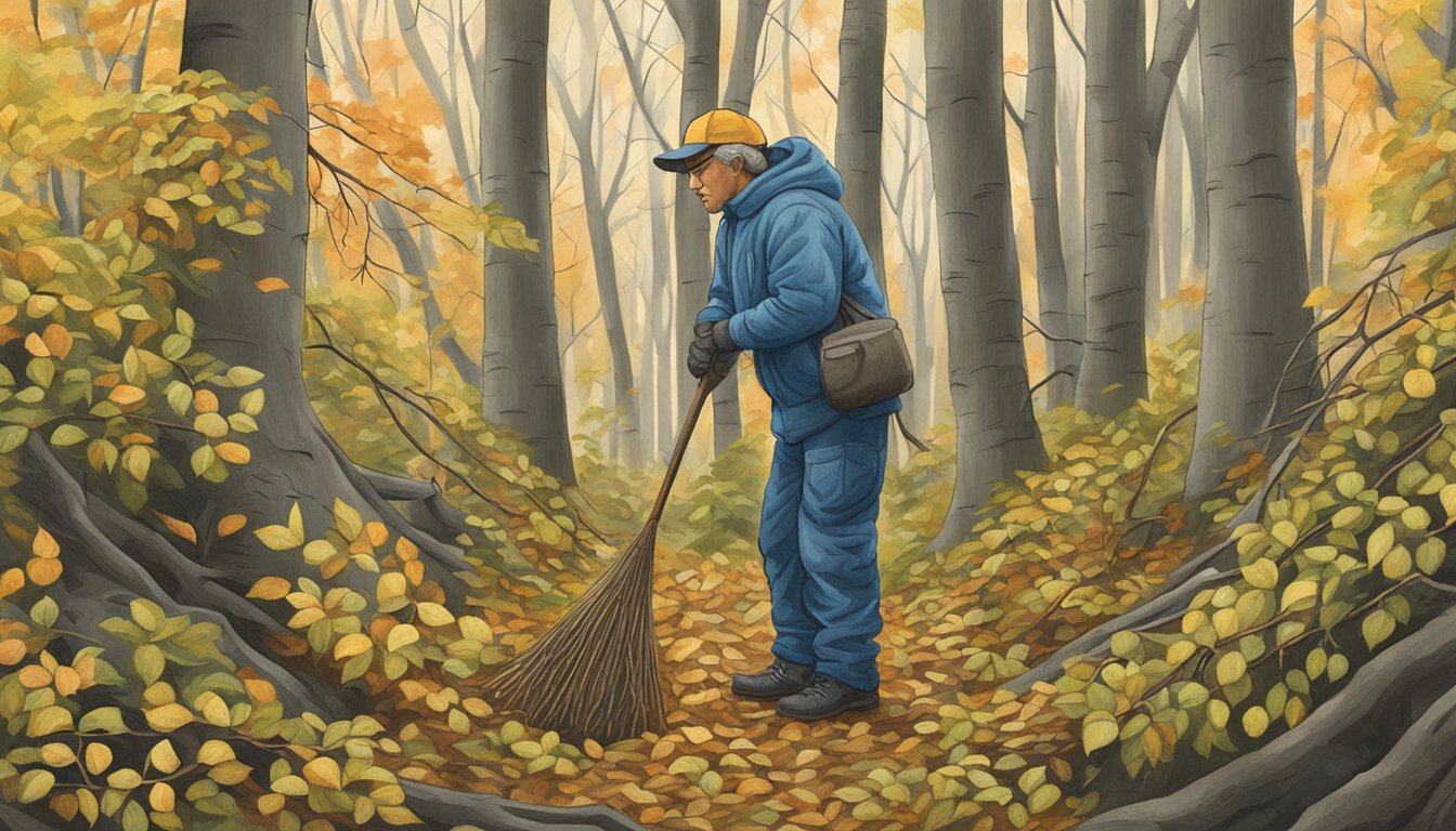 A figure collects American Hornbeam branches and leaves in a forest setting